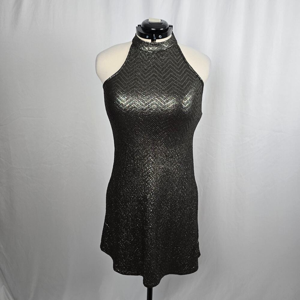 One Clothing Halter Mini Dress Women's M Black Bronze Metallic